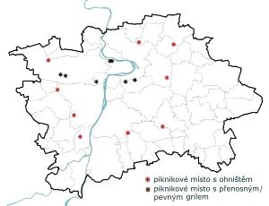 pikniková místa v pražských lesích a parcích, orientační mapka, stav 3/2023